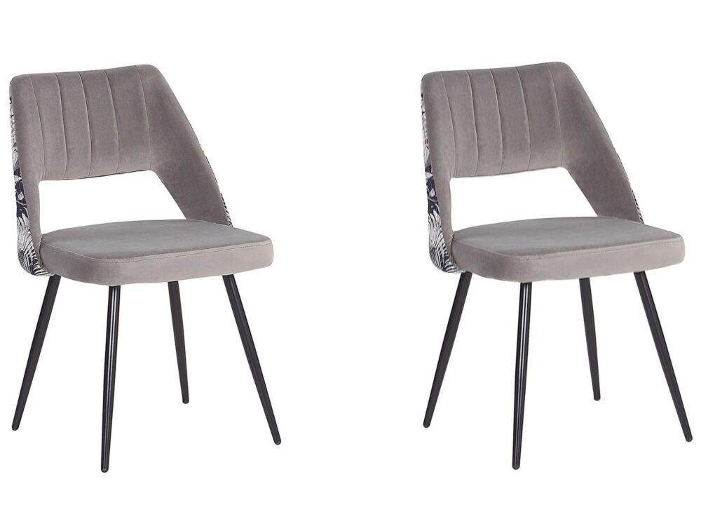 Set Of 2 Dining Chairs Grey Velvet Seat Black Metal Legs Cut-out Back Floral Pattern Beliani