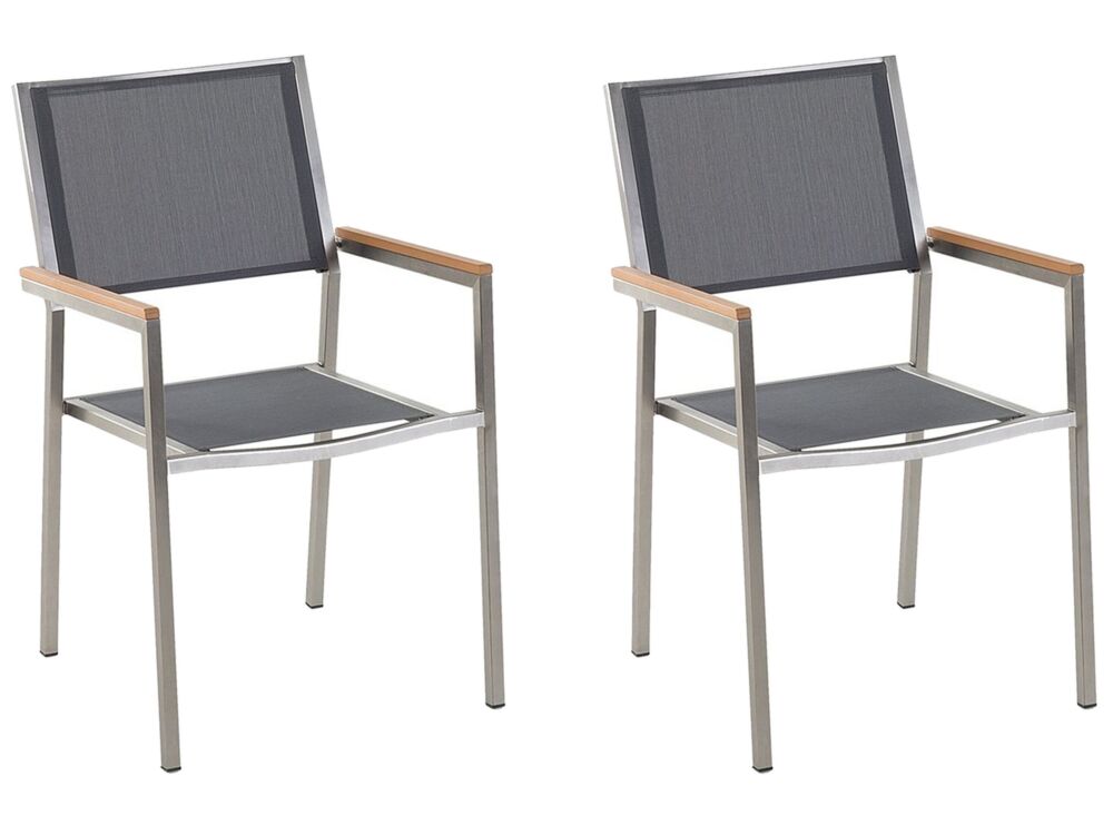 Set Of 2 Garden Dining Chairs Grey And Silver Textile Seat Stainless Steel Legs Stackable Outdoor Resistances Beliani
