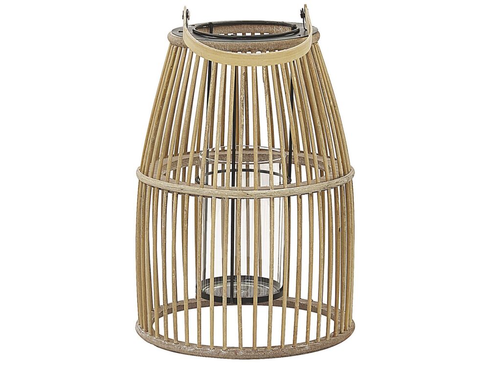 Lantern Beige Bamboo Wood 32 Cm With Glass Holder Boho Style Indoor And Outdoor Beliani