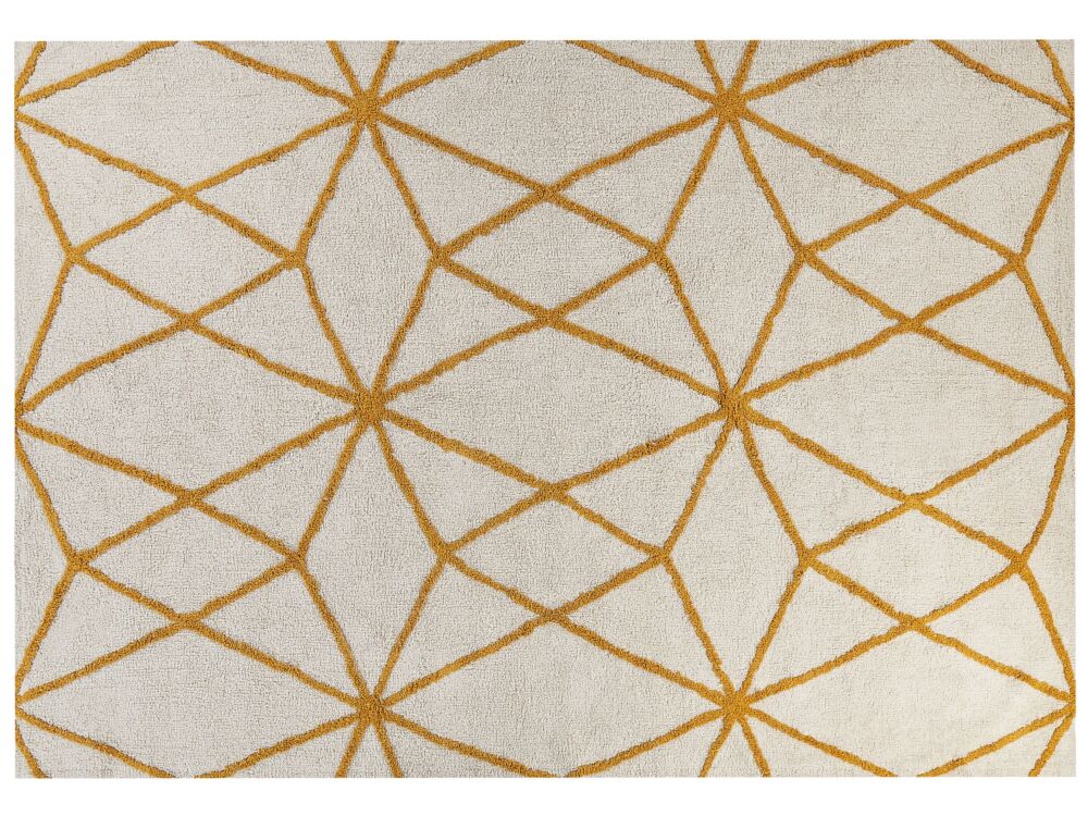 Area Rug White And Yellow Cotton 160 X 230 Cm Geometric Pattern Rectangular Hand Woven Modern Design Beliani