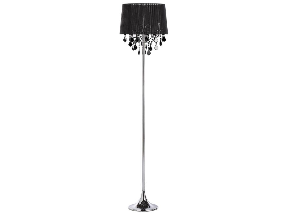 Floor Lamp Black Polycotton 170 Cm Drum Shade Crystal Beads Beliani