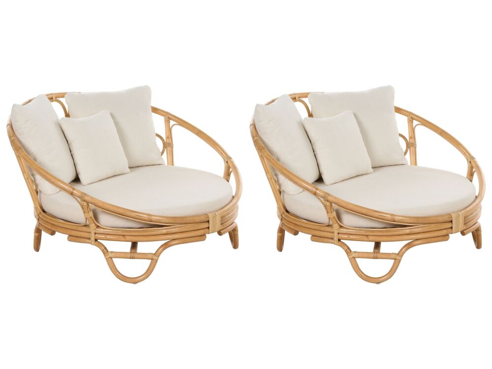 Set Of 2 Garden Daybed Natural Rattan Wicker With 6 Beige Cushions Weather Resistant Boho Traditional Outdoor Patio Beliani