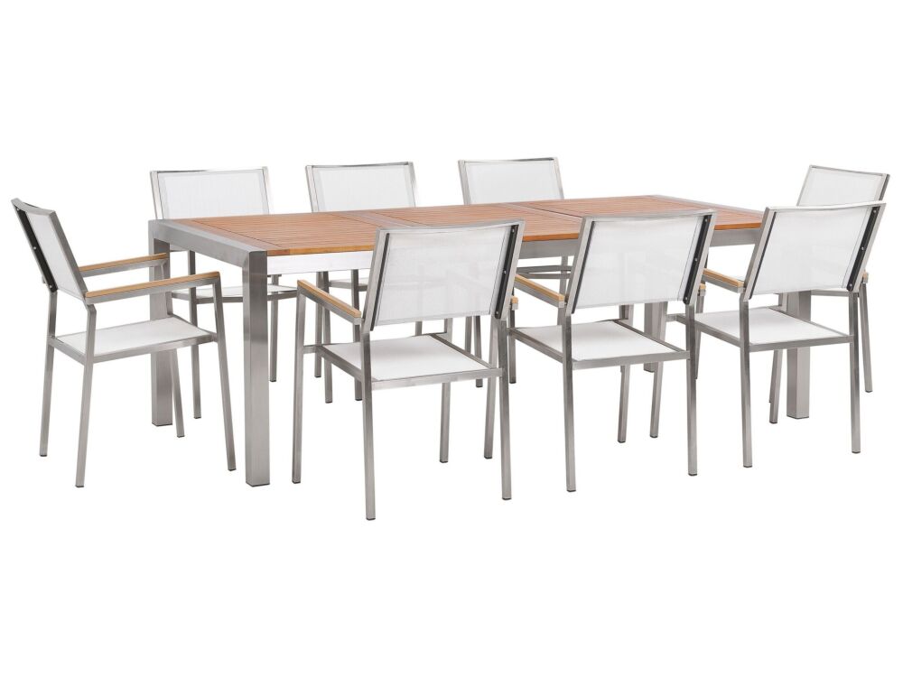 Garden Dining Set Light Eucalyptus Wood Top Steel Frame 220 X 100 Cm With 8 White Chairs Beliani