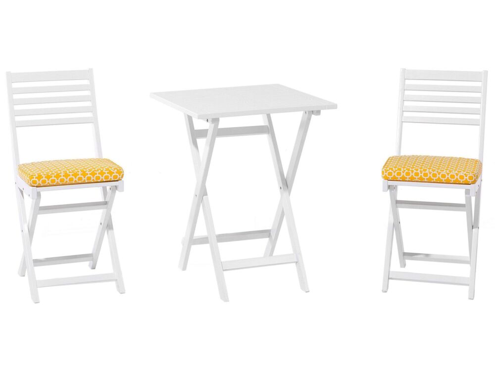 3 Piece Bistro Set White Solid Acacia Wood Yellow Cushions Folding Slatted Design Scandinavian Modern Beliani