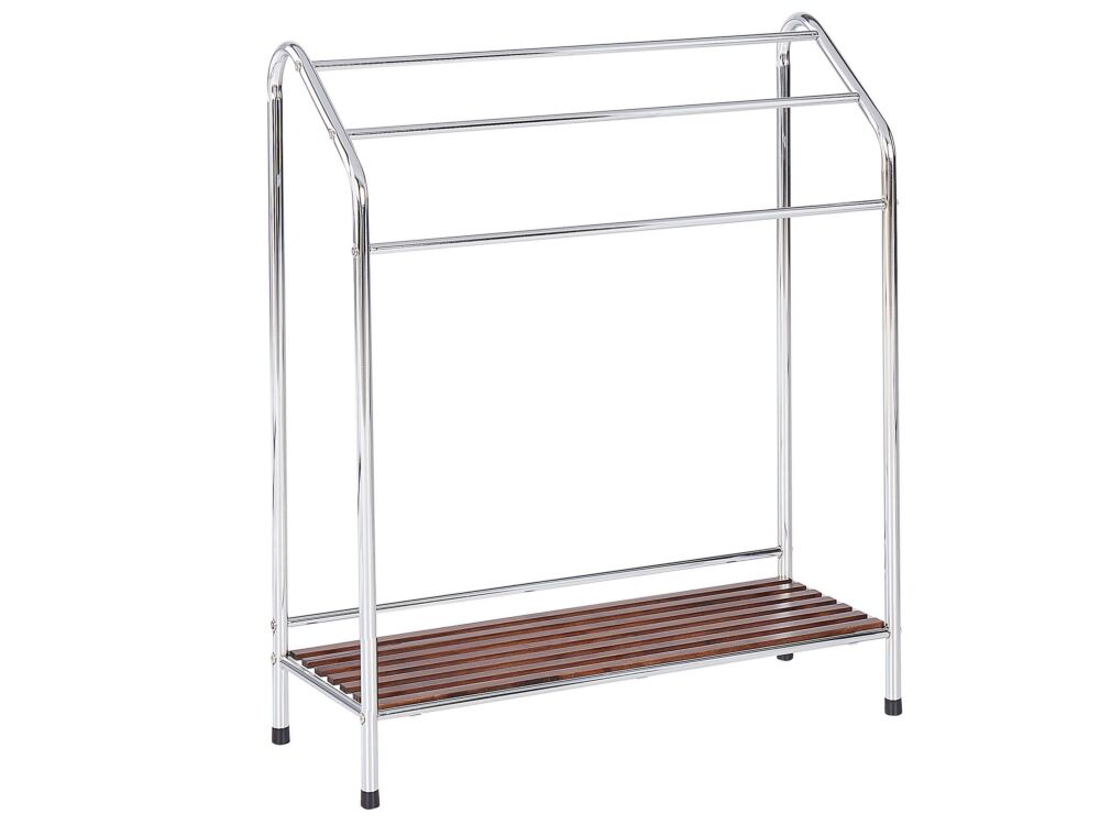 Towel Stand Silver Steel Glossy Dark Pine Wood Shelf 3 Rails Standing Towel Rack Modern Bathroom Accessories Beliani