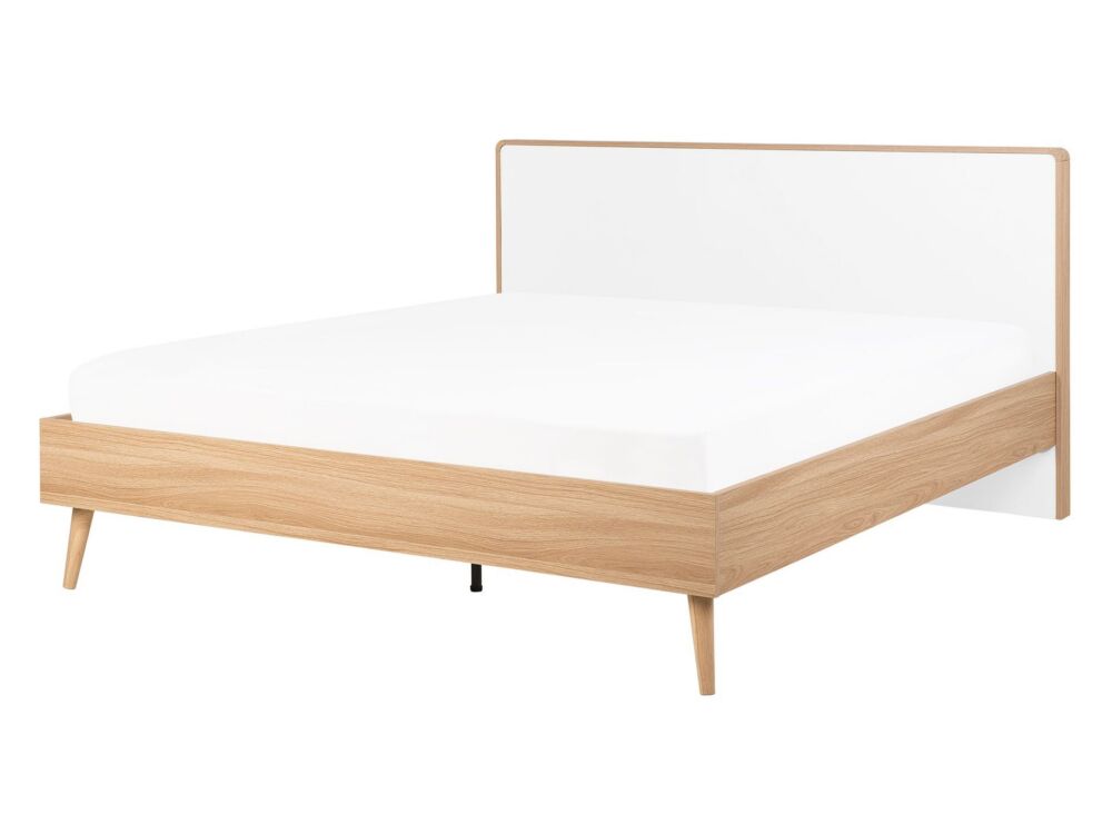 Slatted Bed Frame Light Manufactured Wood And White Headboard 4ft6 Eu Double Size Scandinavian Design Beliani