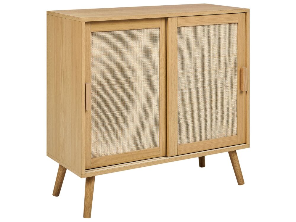 Sideboard Light Wood Rattan 2 Door Particle Board Wooden Legs With Shelves Modern Bedroom Storage Solution Beliani