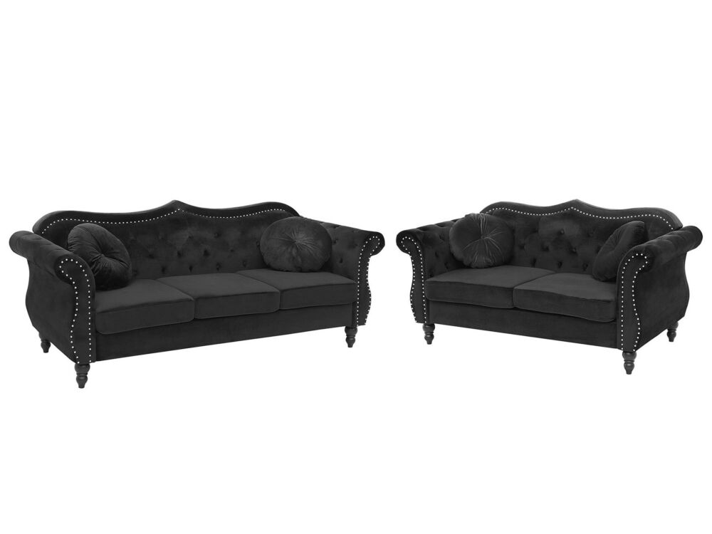 Living Room Set Black Velvet 2 Seater 3 Seater Nailhead Trim Button Tufted Throw Pillows Rolled Arms Glam Beliani