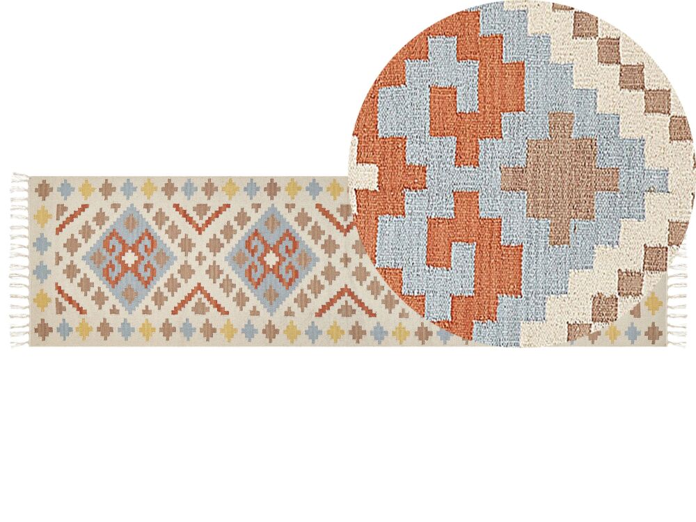 Kilim Runner Rug Multicolour Cotton 80 X 300 Cm Low Pile Geometric Pattern With Tassels Rectangular Traditional Beliani