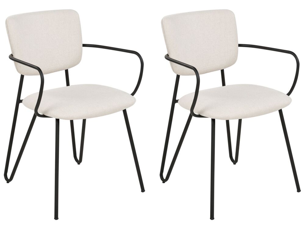 Set Of 2 Dining Chairs Cream Polyester Structural Fabric Upholstery Black Metal Legs Armless Curved Backrest Modern Contemporary Design Beliani