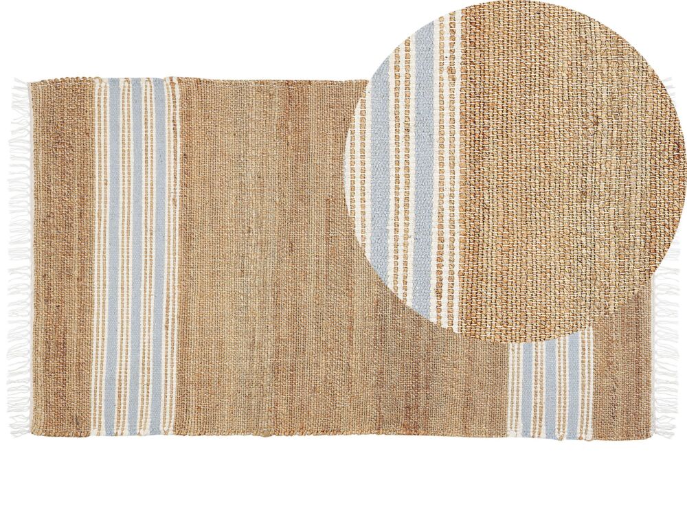 Area Rug Beige And Light Blue Jute 80 X 150 Cm Rectangular Dhurrie With Tassels Striped Pattern Handwoven Boho Style Hallway Beliani