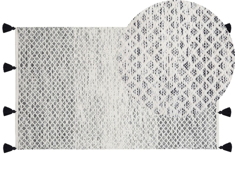 Rug Black And White Wool 80 X 150 Cm With Tassels Geometric Diamond Pattern Hand Woven Flatweave Beliani