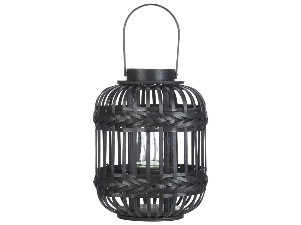 Candle Lantern Black Bamboo Wood 30 Cm With Glass Candle Holder Boho Style Indoor Beliani