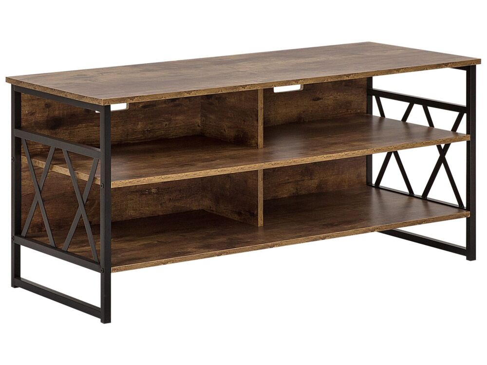 Tv Rtv Stand Cabinet Dark Wood Metal And Particle Board 4 Shelves Storage Unit Living Room Modern Industrial Beliani