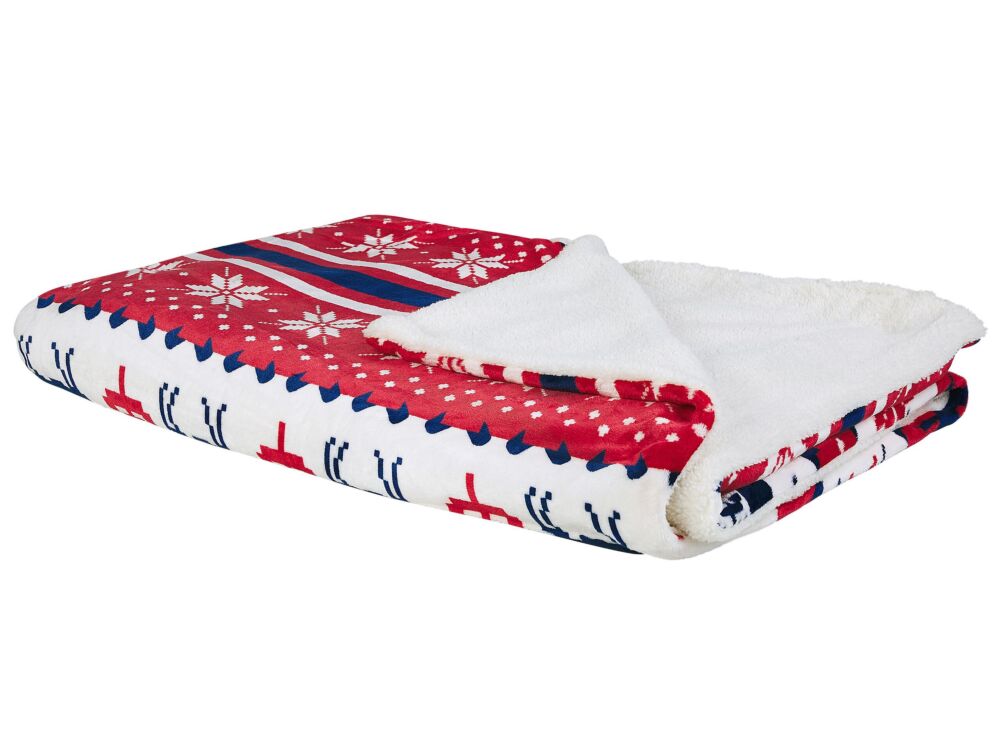 Blanket Throw Red And Blue Flannel 150 X 200 Cm Winter Fluffy Classic Winter Seasonal Sweater Pattern Beliani