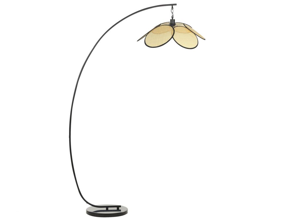 Floor Lamp Black Metal Arc Standing Light Fixture With Rattan Effect Paper Shade Beliani