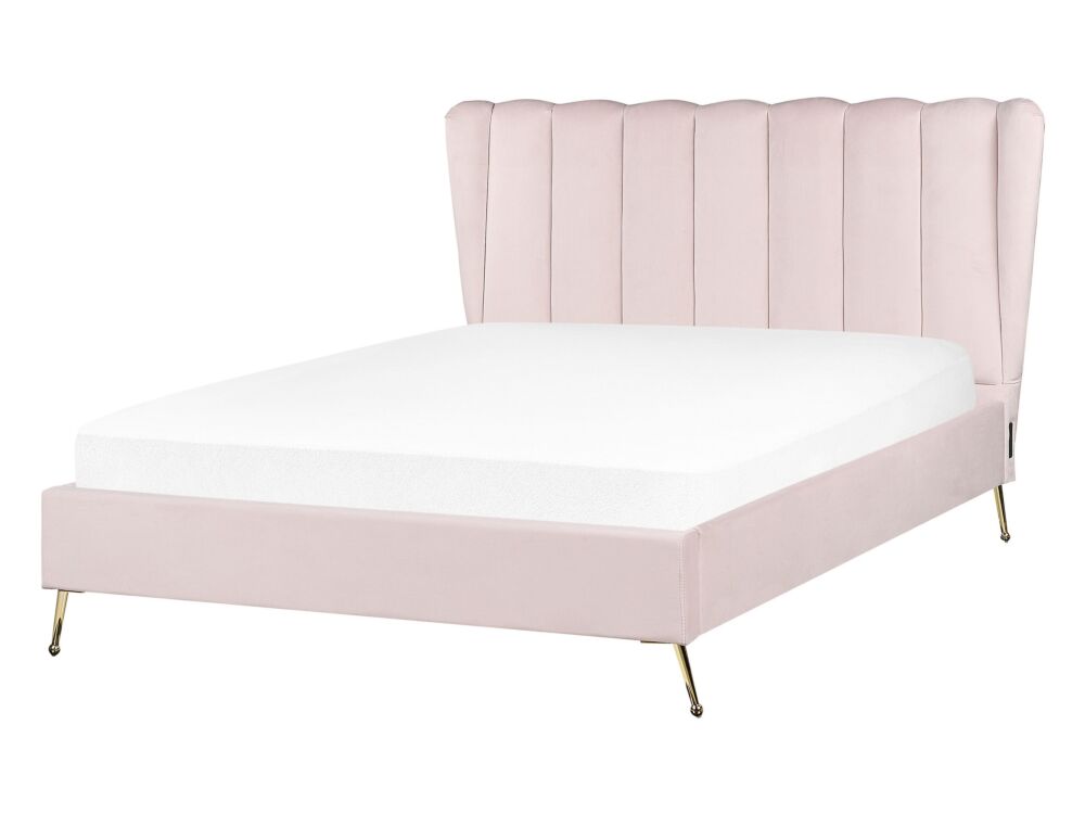 Bed Frame Pink Velvet Upholstery Golden Metal Legs Eu Double Size 4ft6 With Usb Port Headboard Modern Glam Bedroom Beliani