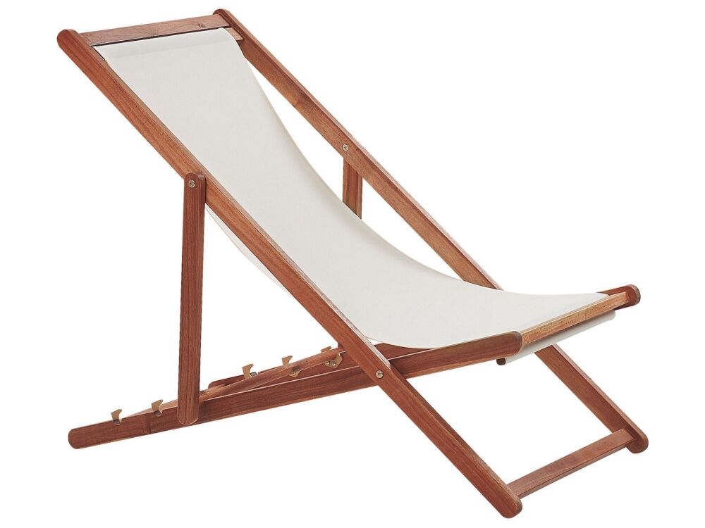 Garden Deck Chair Off-white Fabric Seat Dark Acacia Wood Frame Reclining Folding Sun Lounger Beliani