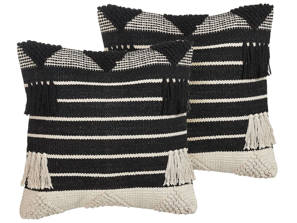 Set Of 2 Scatter Cushions Beige And Black Cotton 50 X 50 Cm Geometric Pattern Tassels Handwoven Removable Cover With Filling Beliani