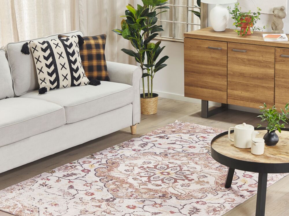 Area Rug Beige And Brown Polyester And Cotton 140 X 200 Cm Handwoven Printed Floral Distressed Oriental Pattern Beliani