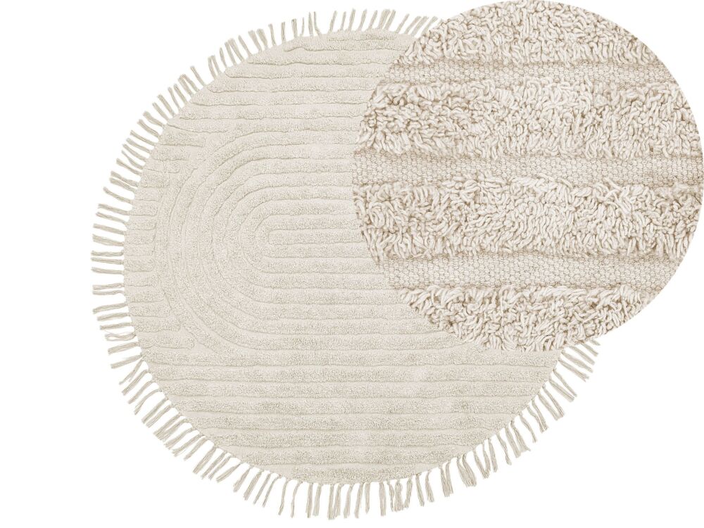 Round Area Rug Beige Cotton ⌀ 140 Cm Tufted With Fringe Pattern Boho Living Room Bedroom Beliani