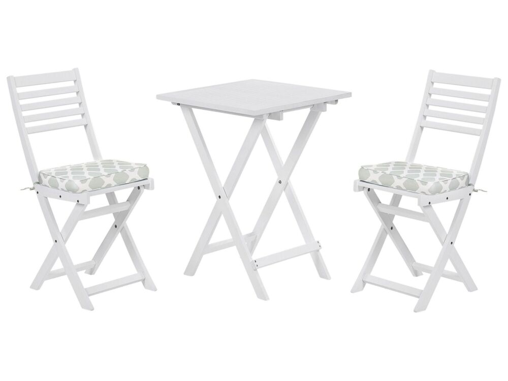 3 Piece Bistro Set White Solid Acacia Wood Mint Green Cushions Folding Slatted Design Scandinavian Modern Beliani