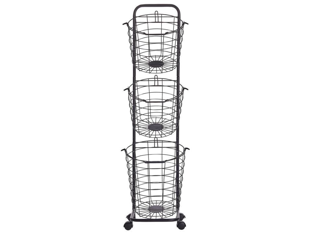 3 Tier Wire Basket Stand Black Metal With Castors Handles Detachable Kitchen Bathroom Storage Accessory For Towels Newspaper Fruits Vegetables Beliani