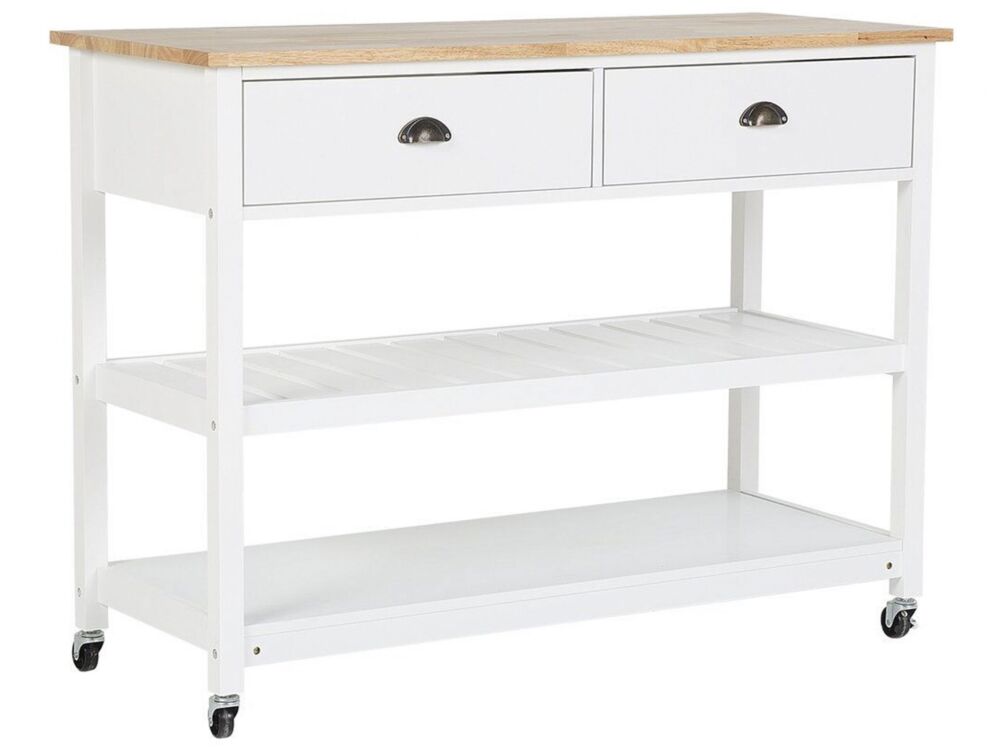 Kitchen Trolley White Light Wood Top 2 Shelves 2 Cutlery Drawers Casters Scandinavian Modern Beliani