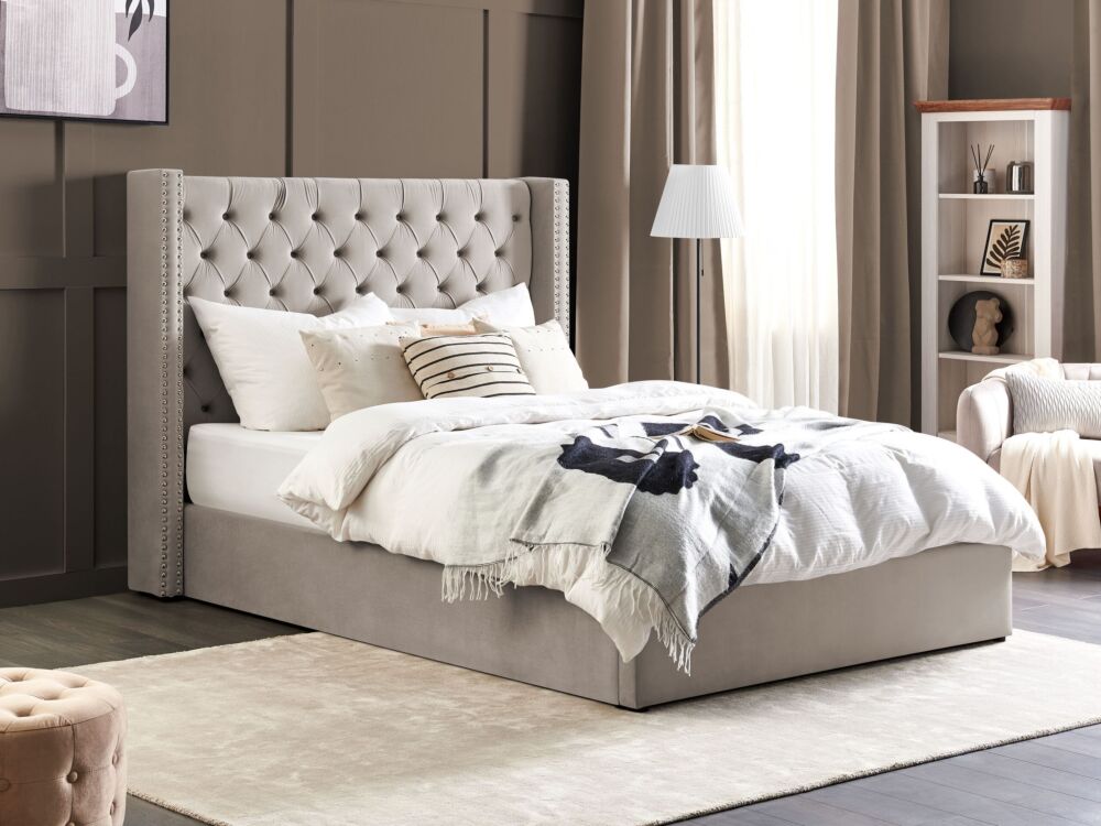 Bed Frame With Storage Light Grey Velvet Upholstered 5ft3 Eu King Size High Headboard Beliani