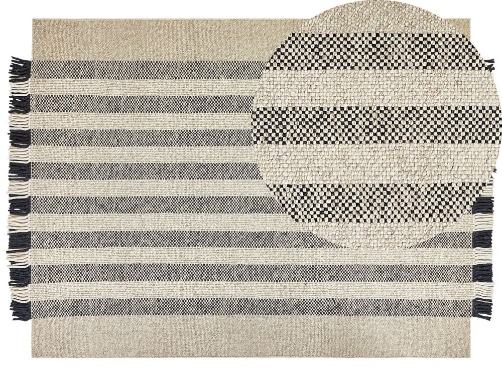 Area Rug Off-white And Black Wool 160 X 230 Cm Rectangular Hand Woven With Tassels Modern Design Beliani