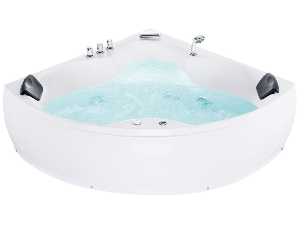 Corner Bath White Acrylic 205 X 163 Cm 2 People Massage Jets Headrests Beliani