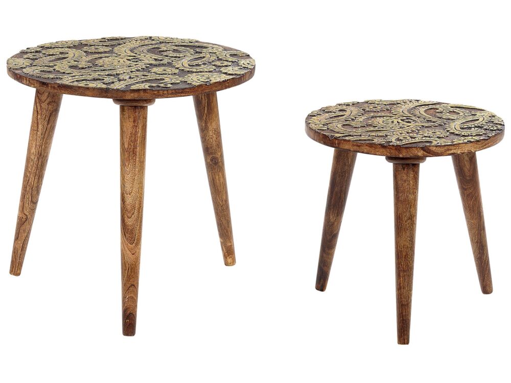 Set Of 2 Nesting Side Tables Dark Wood And Gold Mango Round Vintage End Side Tables For Living Room Retro Beliani