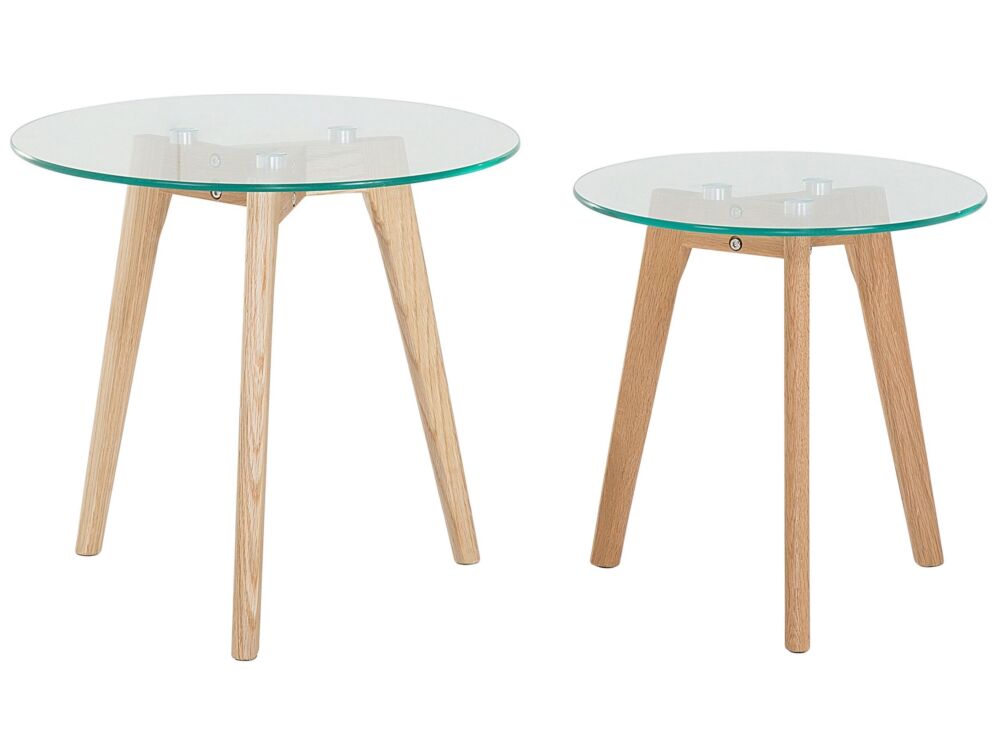 Nest Of 2 Tables Transparent Round Glass Top 3 Light Wood Legs Scandinavian Minimalistic Beliani