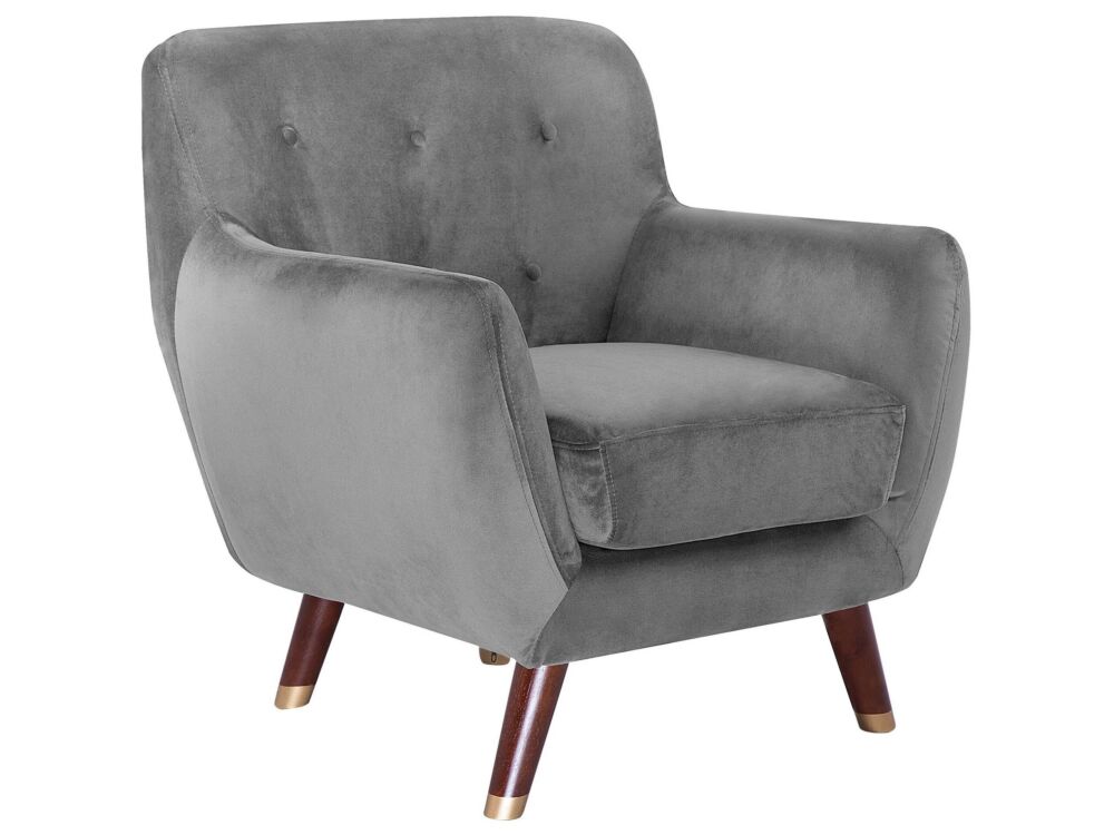 Armchair Grey Velvet Button Tufted Back Wooden Legs Beliani