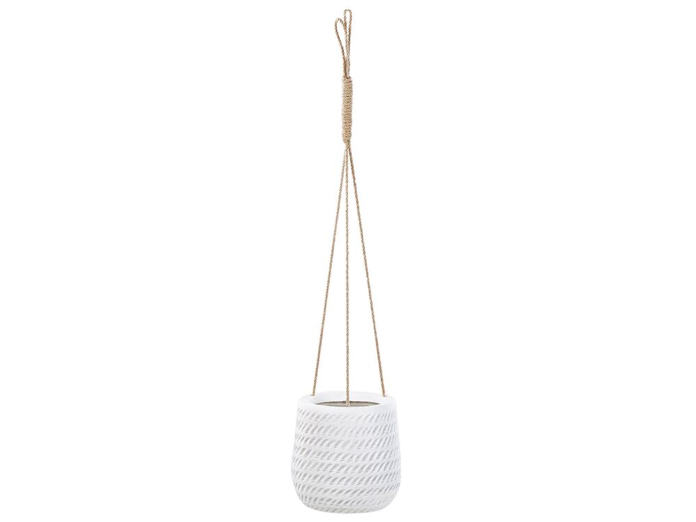 Hanging Plant Pot Off-white Fibre Clay ⌀ 20 Cm Round Jute String Flower Pot Embossed Pattern Beliani