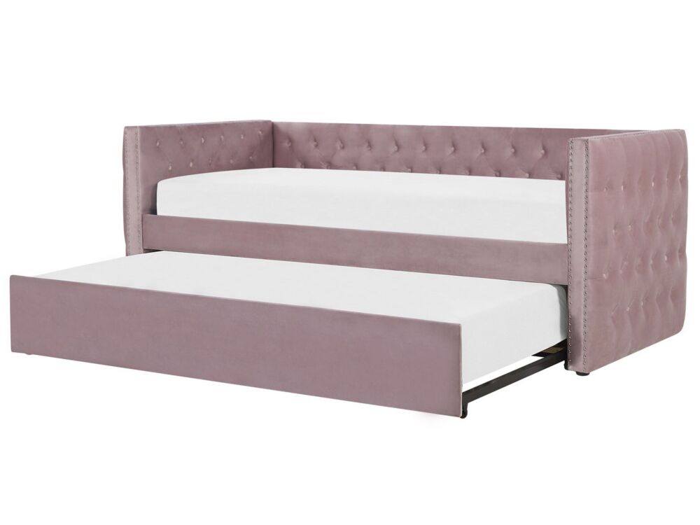 Trundle Bed Frame Pink Eu Velvet Single Size 3ft Slatted Frame Buttoned Nailhead Trims Glam Beliani