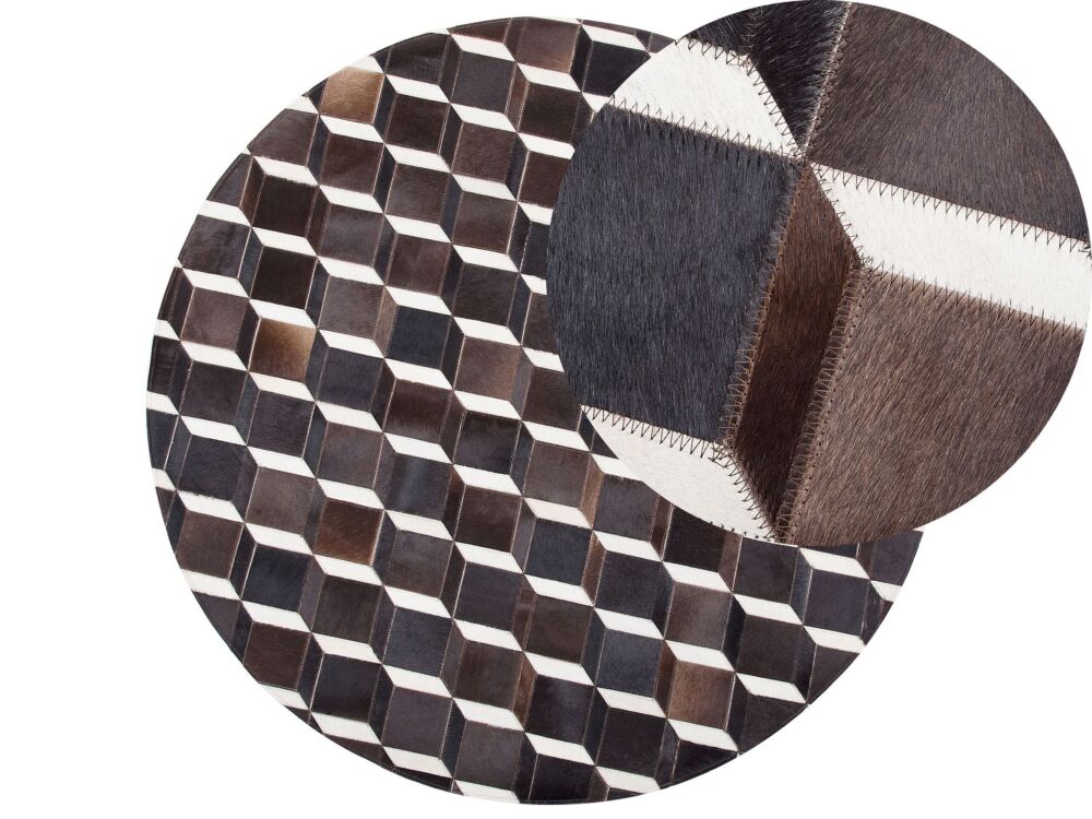 Rug Brown Leather 140 Cm Modern Patchwork Cowhide 3d Pattern Handcrafted Round Carpet Beliani