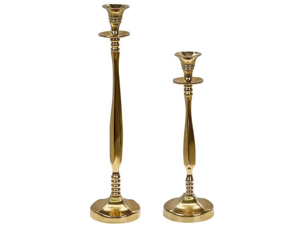 Set Of 2 Candlesticks Gold Metal Glossy Metallic Glamour Taper Candleholders Beliani