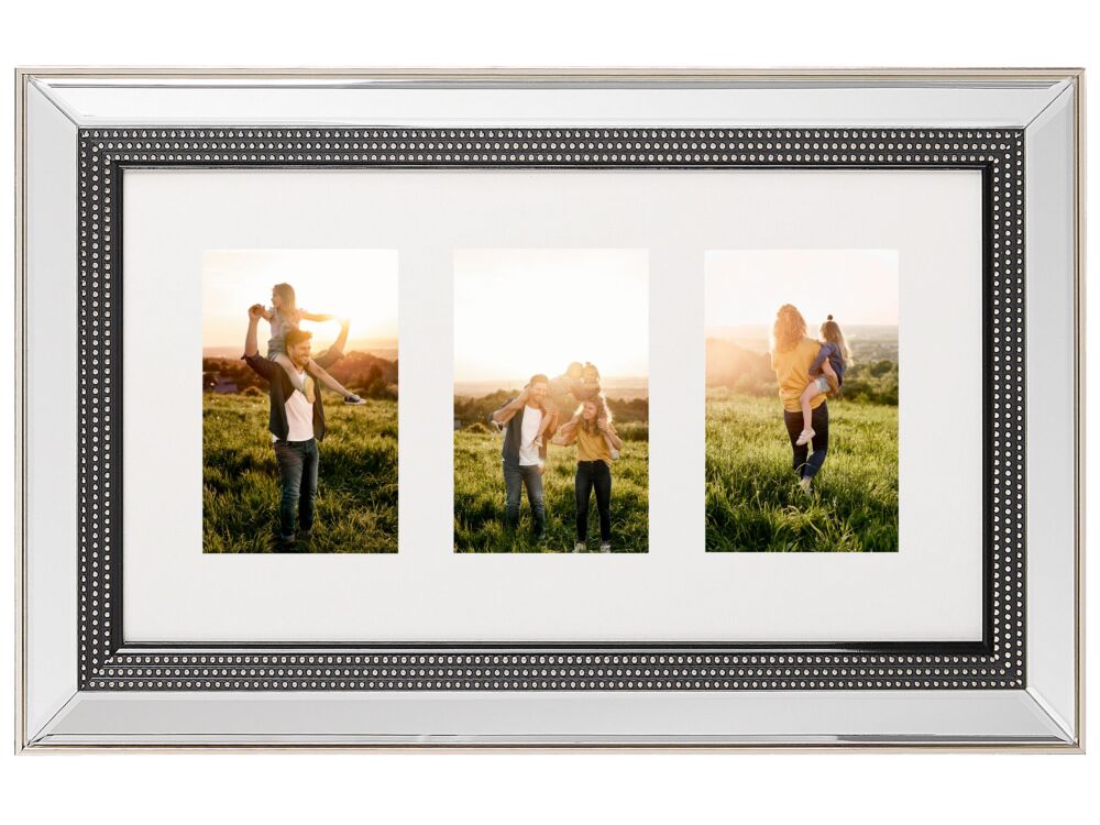 Multi Photo Frame Silver Glass Plastic 51 X 32 Cm Mirrored For 3 Pictures 14x9 Cm Collage Aperture Beliani