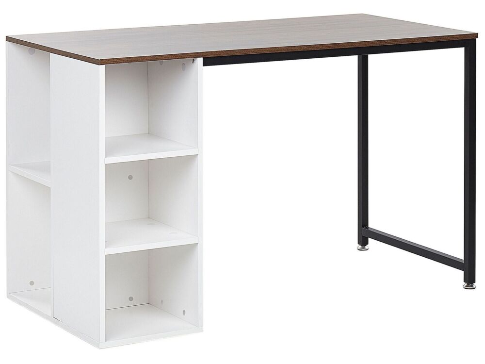Home Desk Dark Wood Top Black Metal Steel Leg White Shelves Storage 120 X 60 Cm Beliani