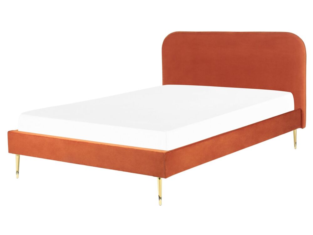 Bed Orange Velvet Upholstery Eu King Size Golden Legs Headboard Slatted Frame 5.3 Ft Minimalist Design Beliani