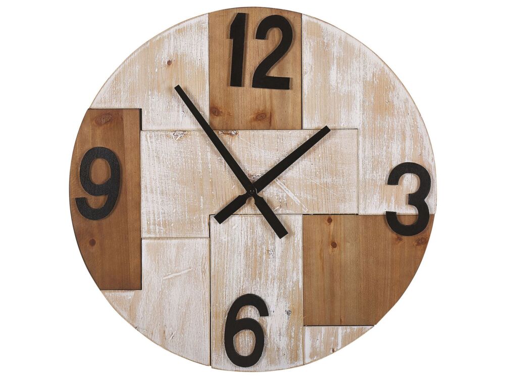 Wall Clock Light Wood Round Ø 60 Cm Handmade Face Black Hands Numbers Rustic Minimalist Beliani