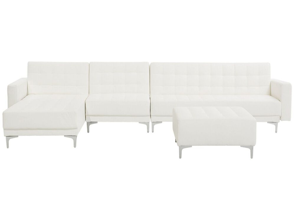 Corner Sofa Bed White Faux Leather Tufted Modern L-shaped Modular 5 Seater With Ottoman Right Hand Chaise Longue Beliani