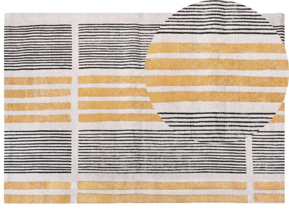 Area Rug Yellow And Black Cotton 200 X 300 Cm Flat Weave Jacquard Woven Striped Pattern Boho Living Room Bedroom Beliani