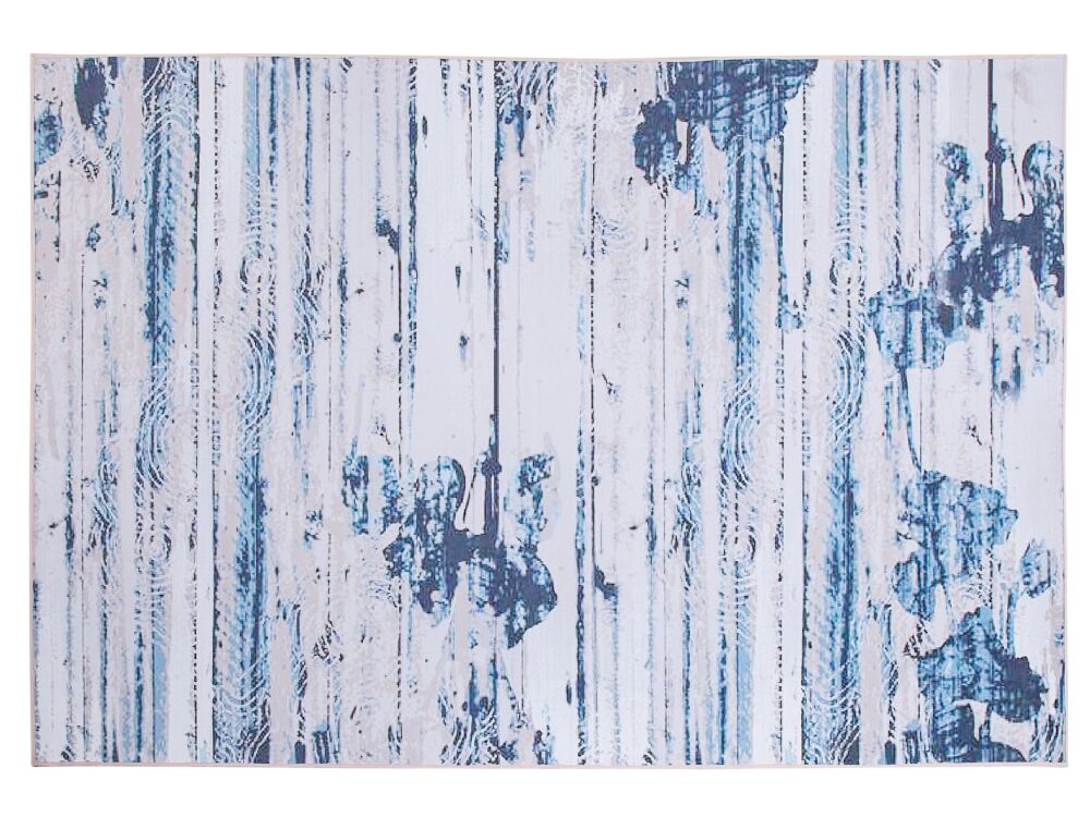 Area Rug Carpet Beige And Blue Polyester Fabric Abstract Distressed Pattern Rubber Coated Bottom 140 X 200 Cm Beliani