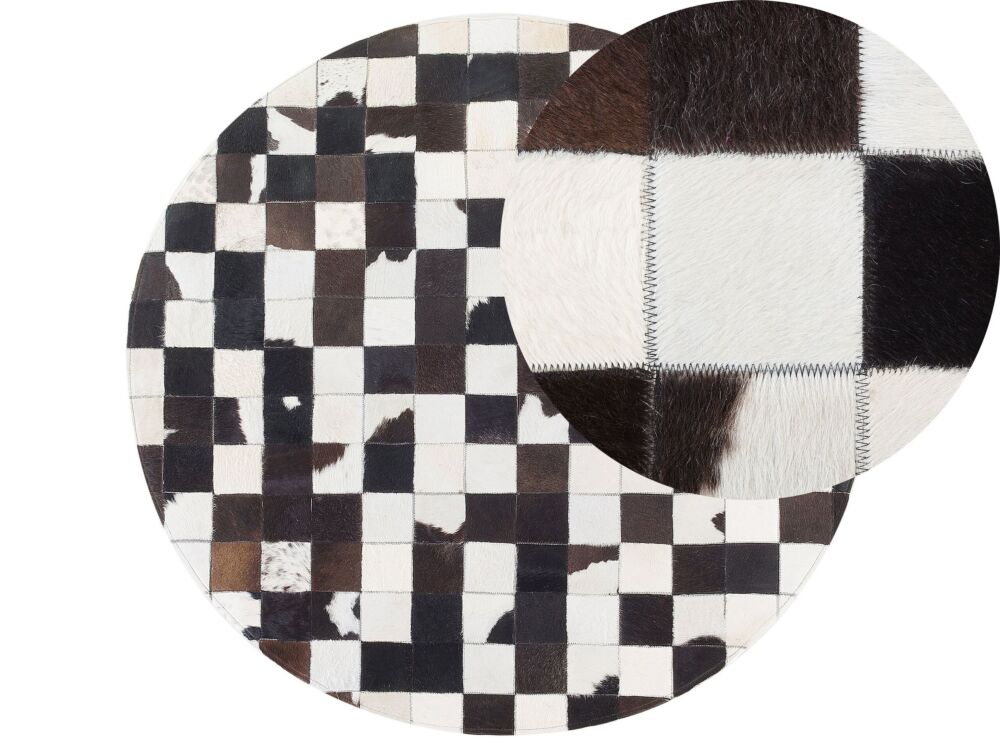 Round Rug Black And White Leather Ø 140 Cm Patchwork Hand Crafted Beliani