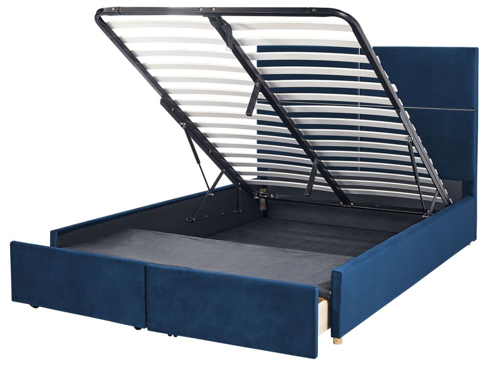 Bed Frame Navy Blue Velvet Eu Double Size 4ft6 With Storage And Drawers Glamour Modern Style Beliani