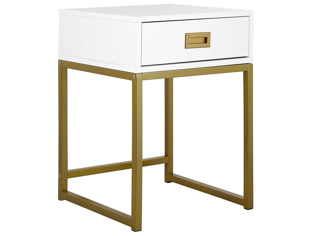 Side Table White With Gold Metal Base Storage Drawer Bedside Nightstand Glamour Beliani