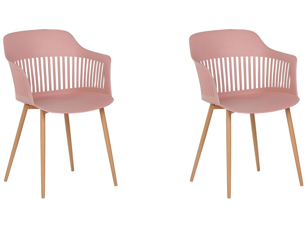 Set Of 2 Dining Chairs Pink Synthetic Material Metal Legs Open Work Backrest Modern Living Room Beliani