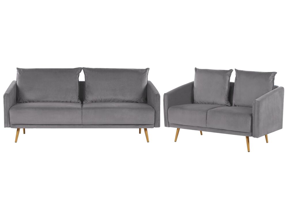 Living Room Set Grey Velvet Back Cushions Metal Golden Legs Retro Glam Beliani